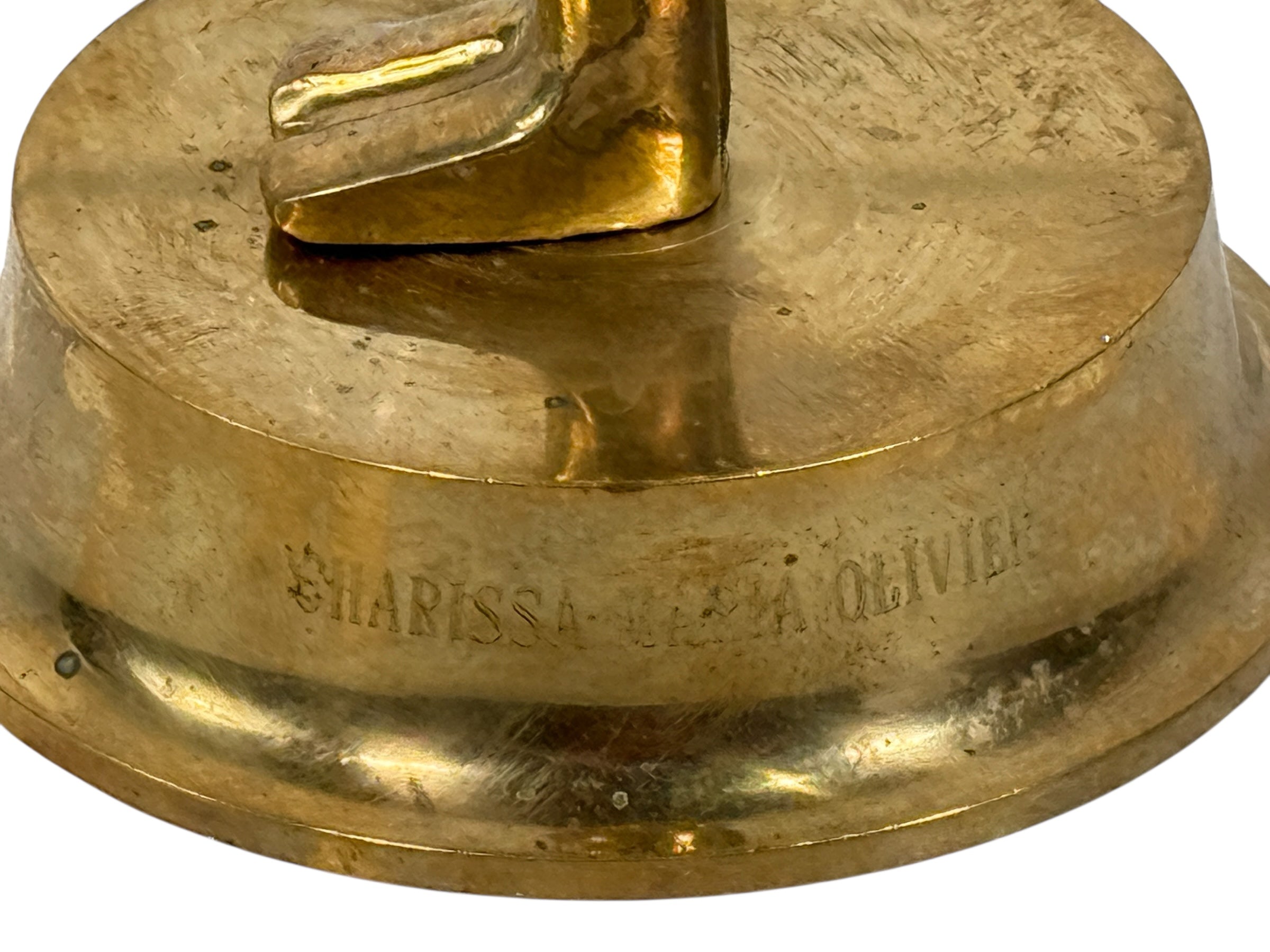 Vintage solid brass Oscar-style award statuette with engraved name. Ideal for display, props, themed events and awards season. Late 20th century.