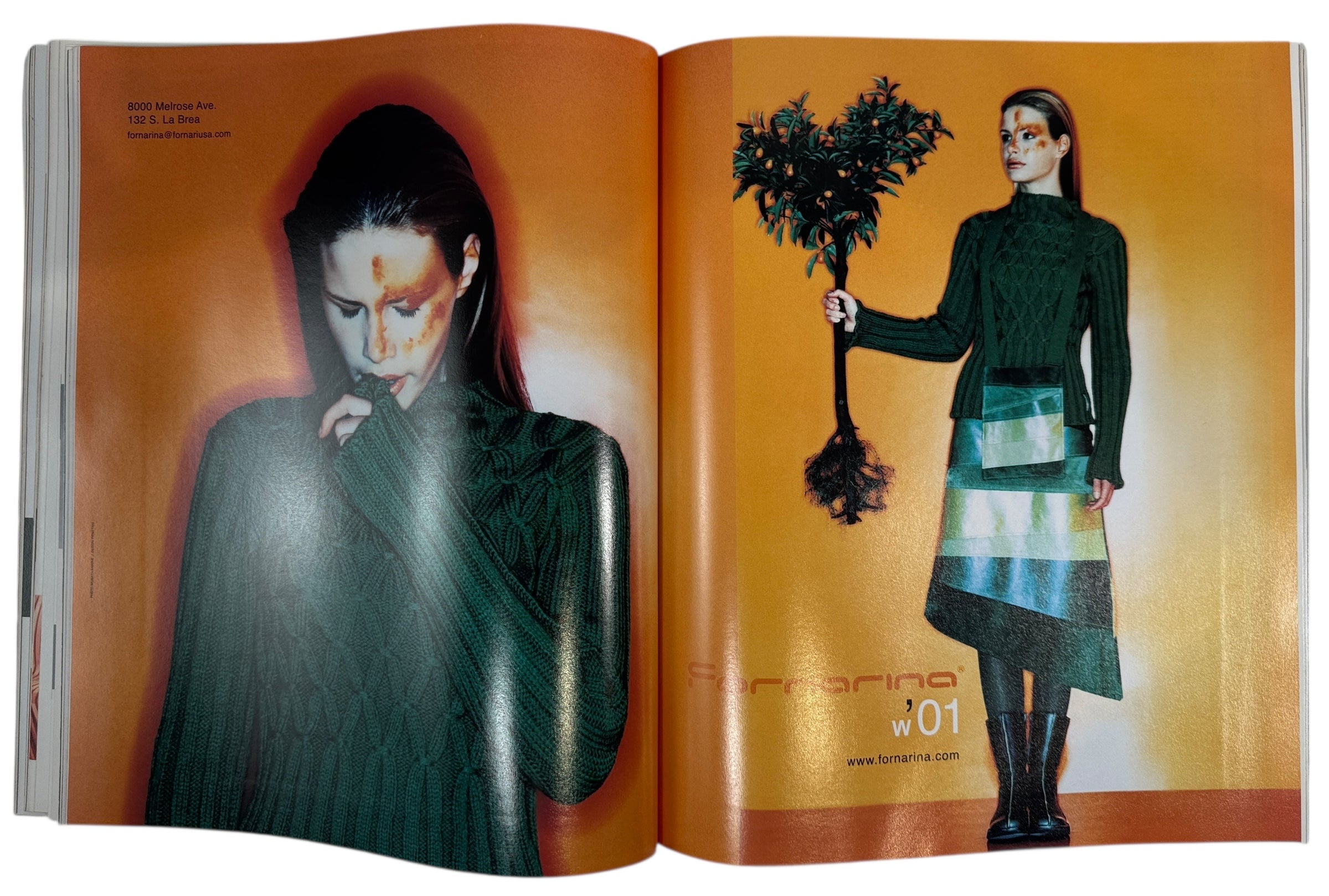 Open magazine showing a model wearing a green outfit with a tree, on an orange background.
