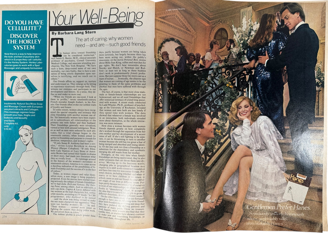 Open magazine with article on well-being and a model in a glamorous setting.