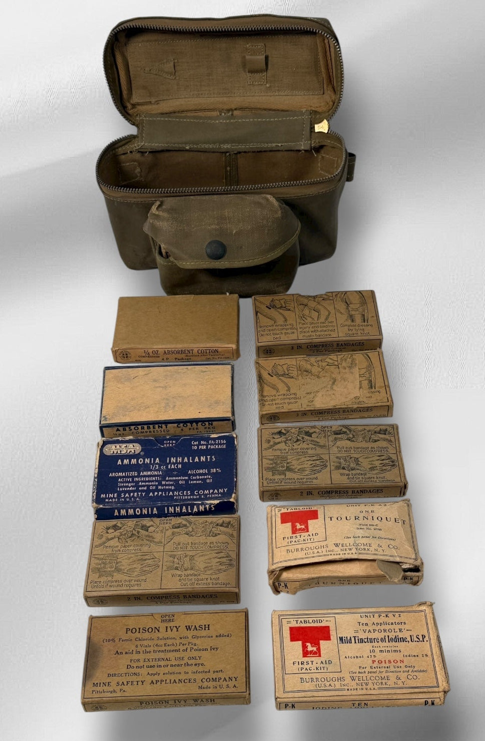 WWII Era Mine Safety Appliances Co. (MSA) First Aid Kit – Complete “Tabloid” Contents (c.1942–45)
