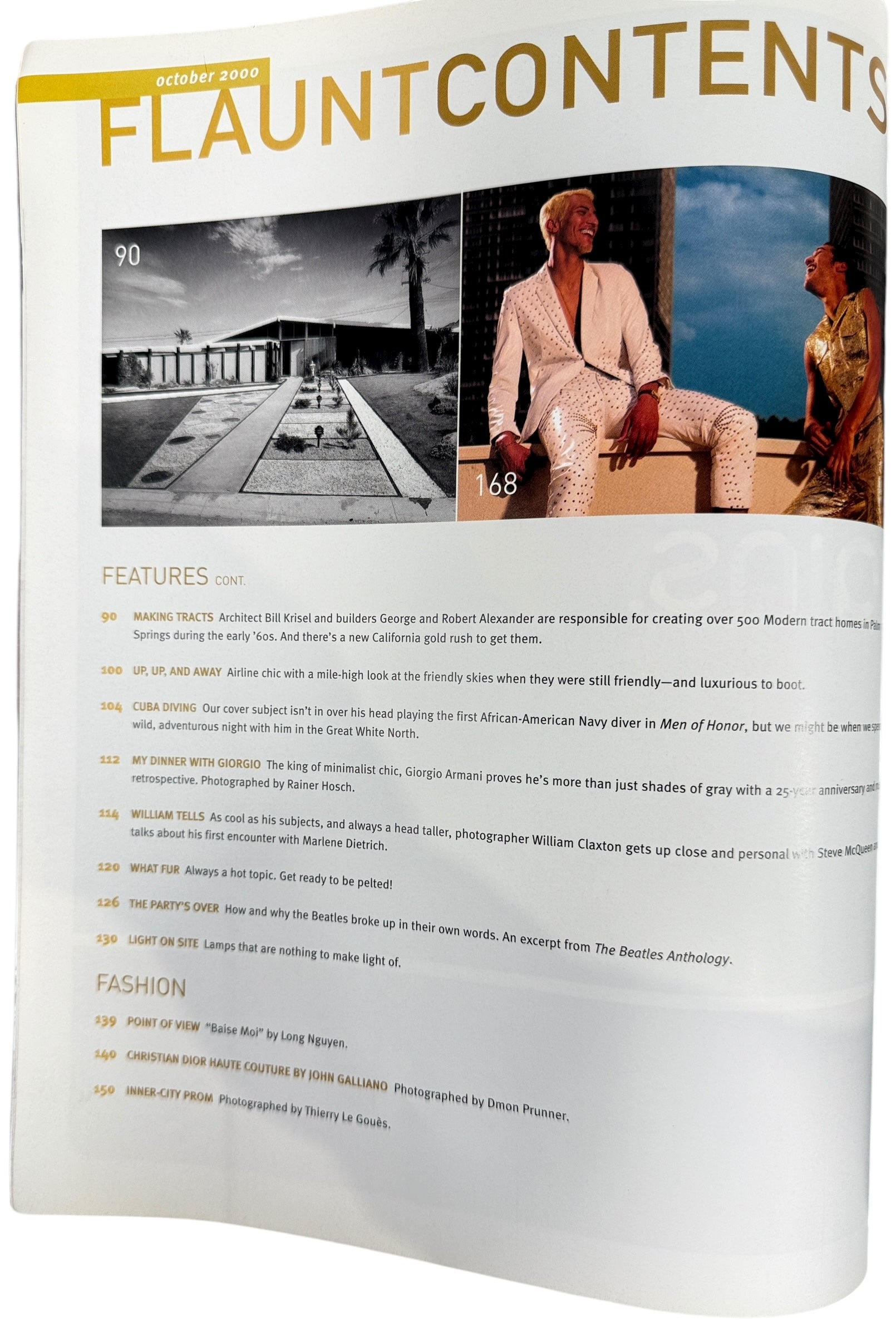 Magazine or book with 'FlauntContents' branding and images of people by a pool.