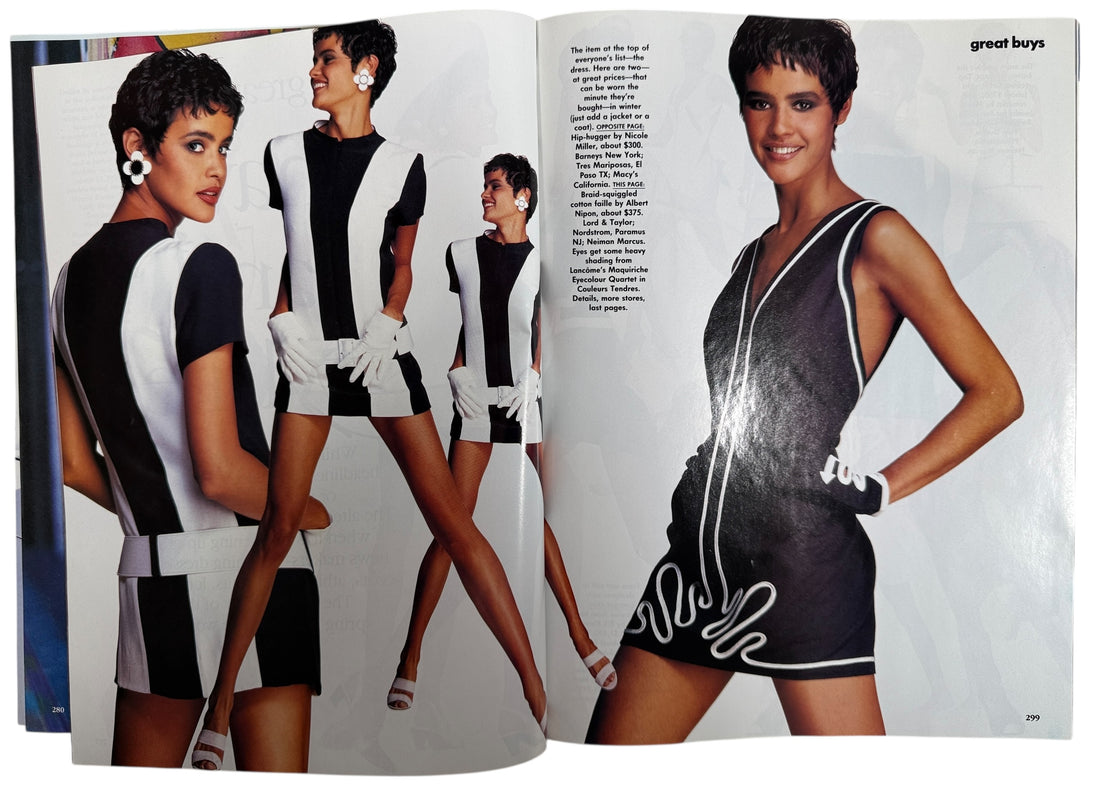 Vintage Vogue February 1991 issue featuring Claudia Schiffer, GUESS editorial, and iconic early 90s fashion and Absolut Chicago advertising.