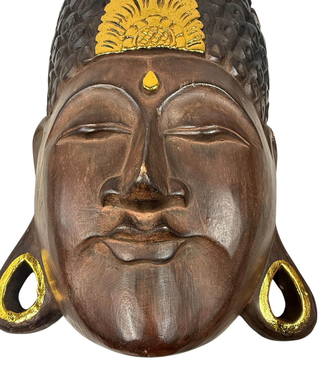 Large hand-carved wooden Buddha wall mask with gold accents, 20 inches tall. Southeast Asian decorative carving, hollow-back wall mount.