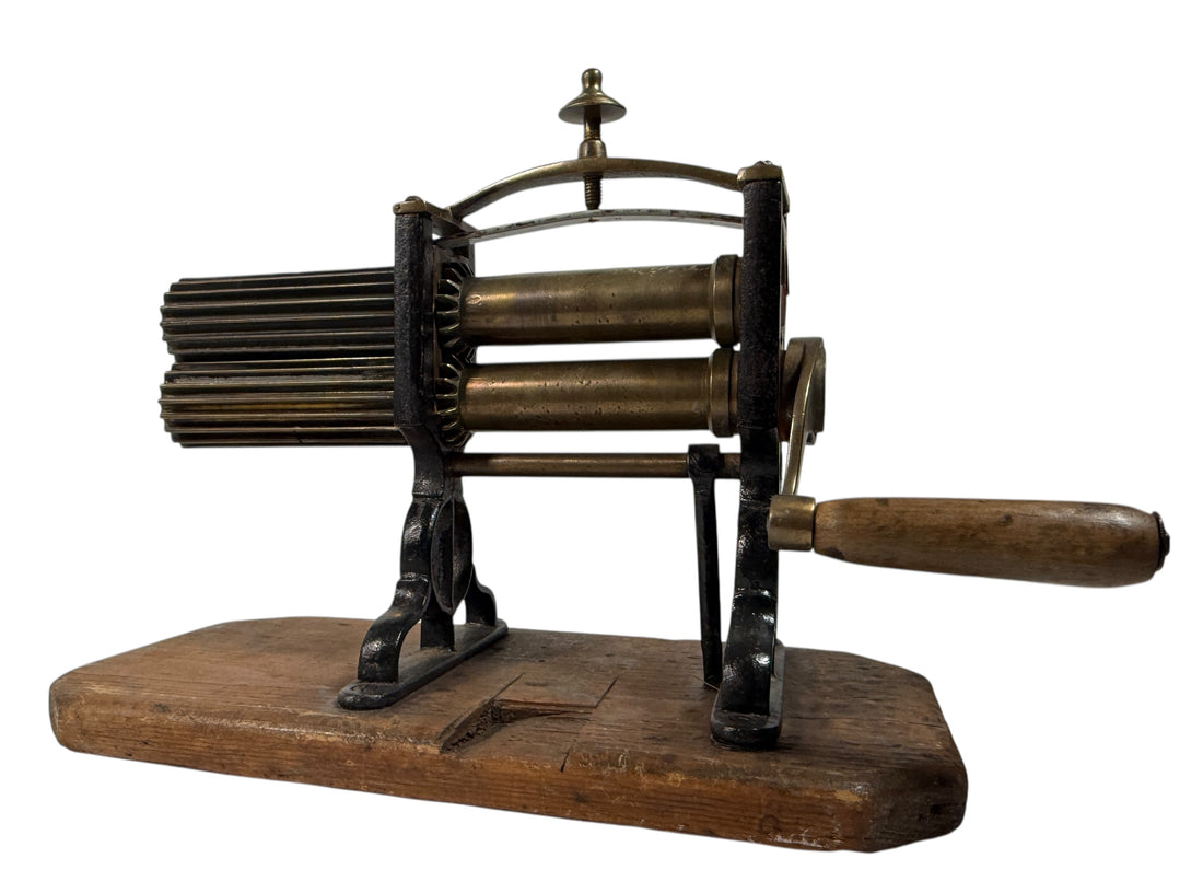 Antique 19th-century brass &amp; iron fluting iron pleater with wood base. Beautiful Victorian textile tool—collector’s décor from Eco Depot Montreal.