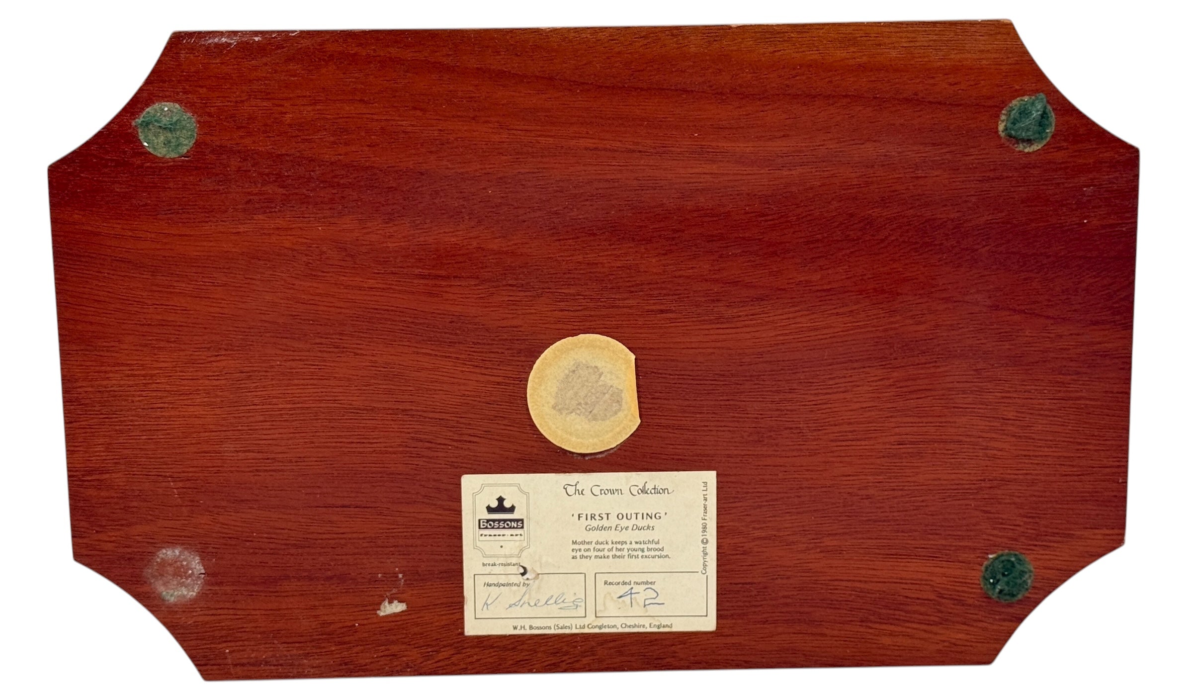 Early-number 1980 Bossons Crown Collection “First Outing” Goldeneye Ducks plaque. Hand-painted, excellent condition, original hardwood mount.