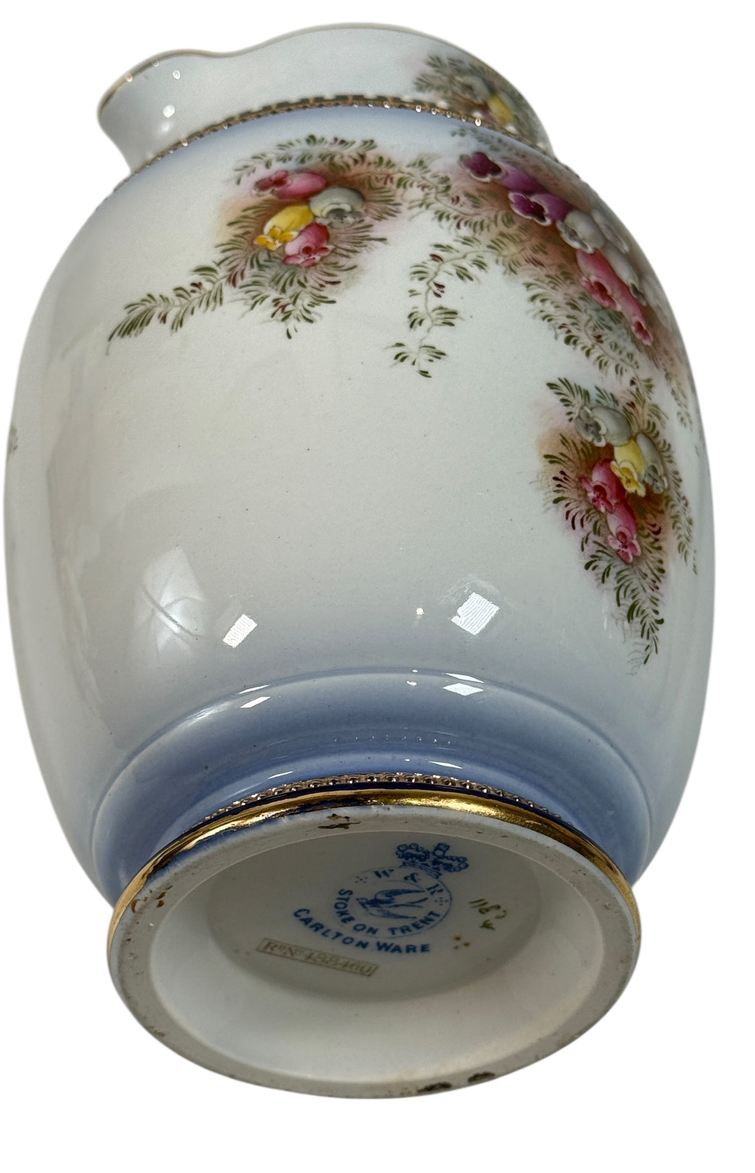 Antique W&amp;R Carlton Ware tea set RN 488460 – hand-painted cobalt floral gilt trio, Stoke-on-Trent England, 1910–1925, genuine silver-lined teapot.