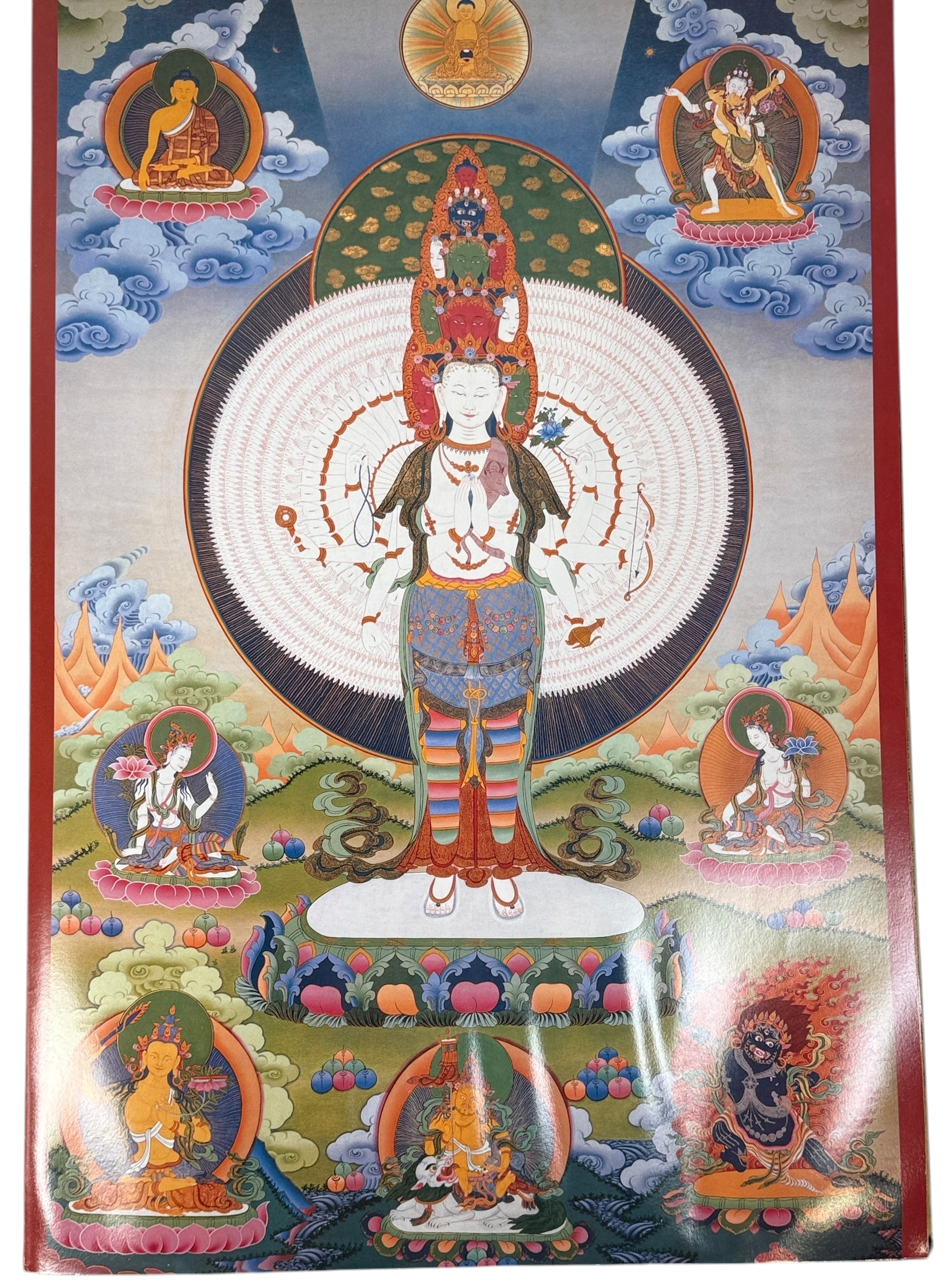 Colorful religious artwork with central figure and surrounding scenes on a textured background