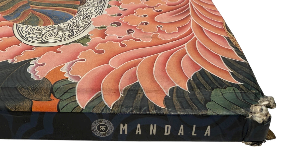 Decorative mat with floral design and 'MANDALA' branding on a white background