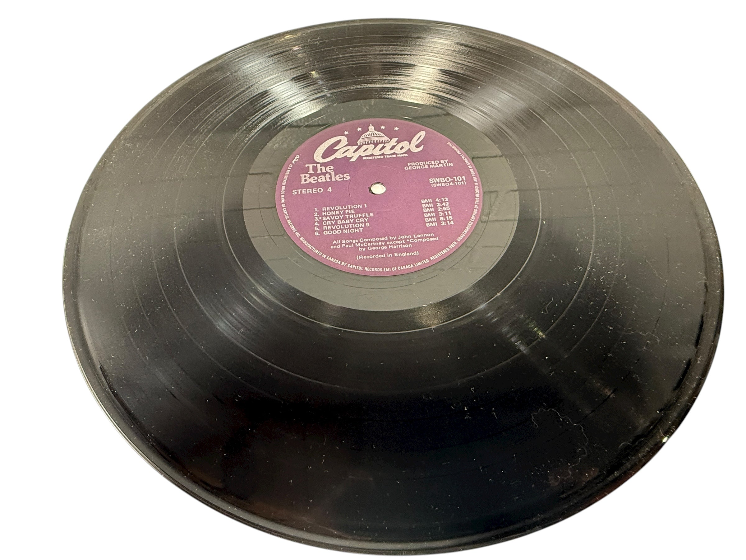 Complete Canadian pressing of The Beatles White Album with poster and all four photos. Classic SWBO-101 2LP set for collectors and vinyl fans.