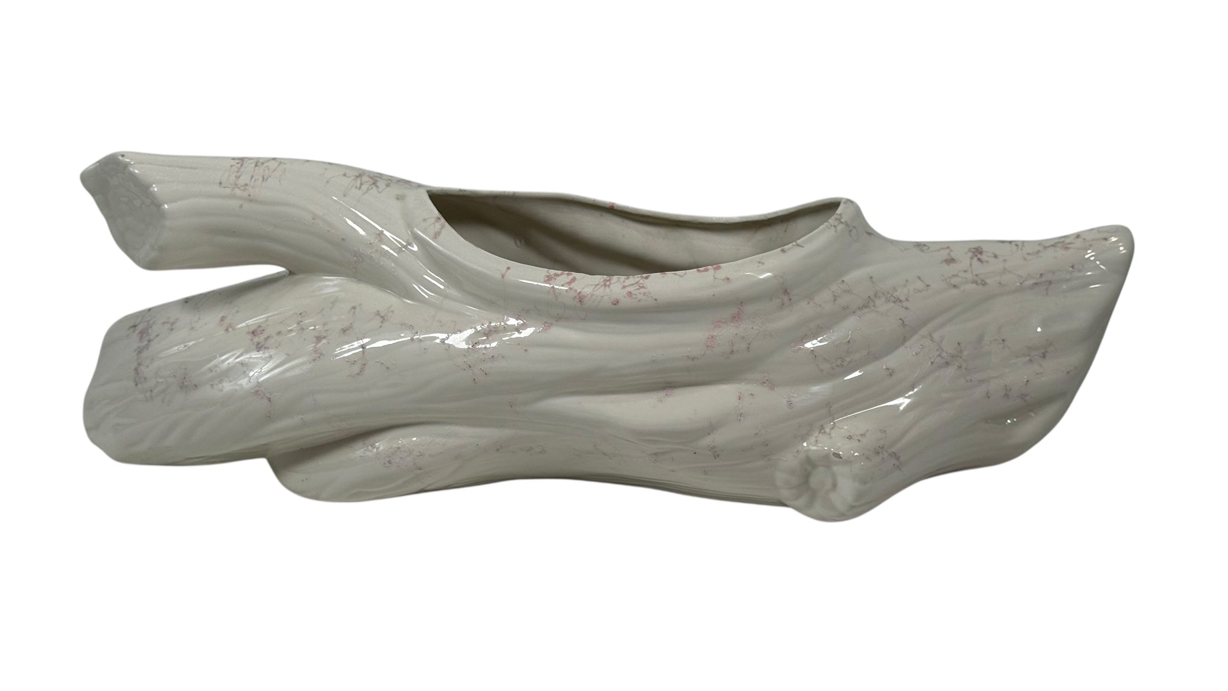 Jardinière vintage en céramique et bois flotté – Forme de bûche abstraite du milieu du siècle – Veines roses