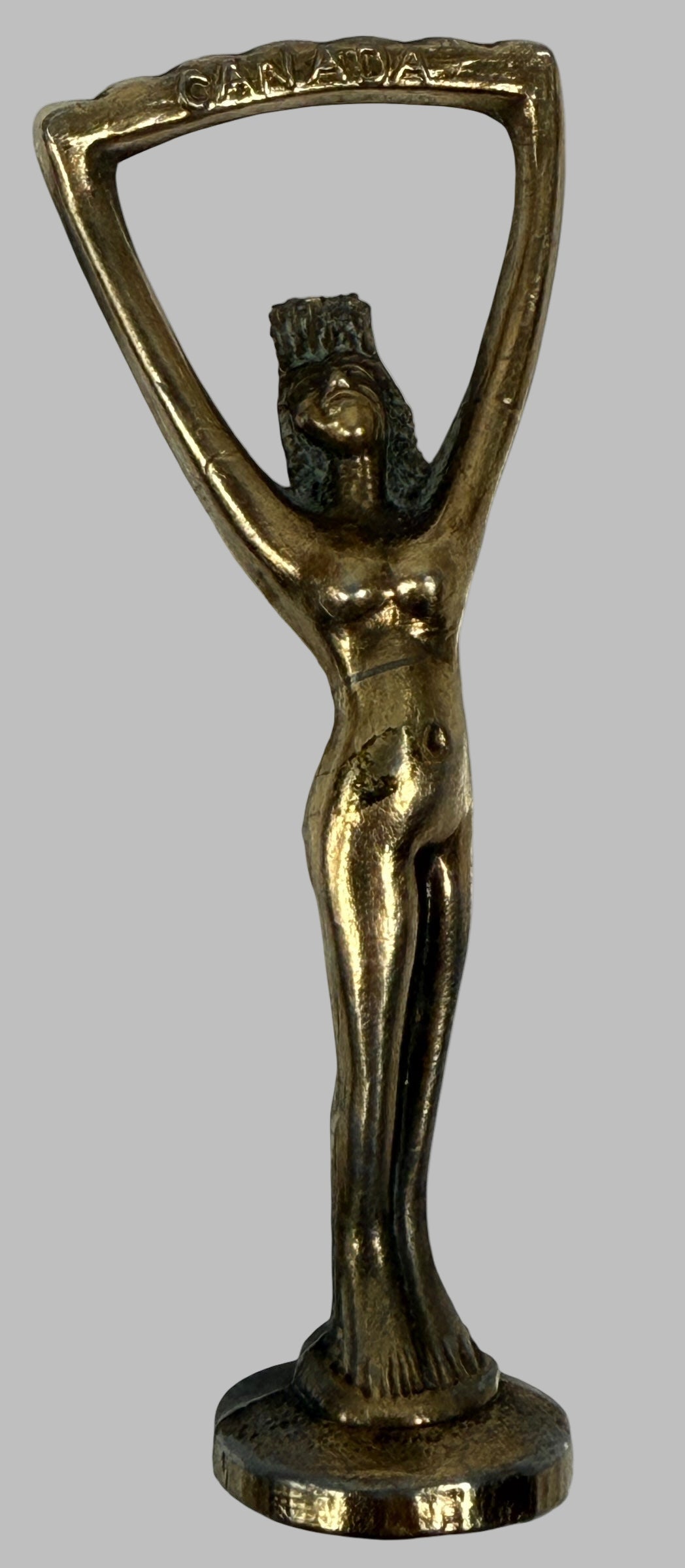 Décapsuleur en laiton du milieu du siècle, souvenir de femme nue, fabriqué au Canada