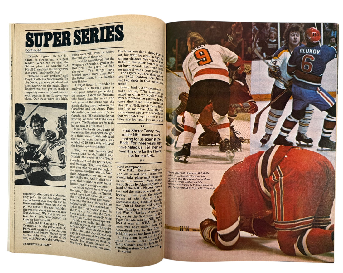 Open book with hockey game images and text on a white background