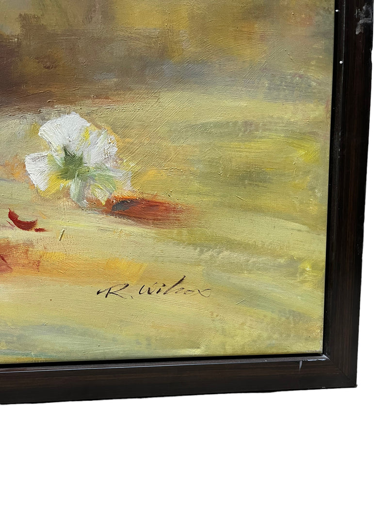 Lovely Huge original work, acrylic on canvas - Still Life, signed R. Wilcox, framed size 50” x 74” inches