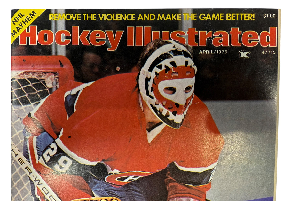 Vintage Hockey Illustrated magazine cover featuring a hockey player in a red jersey and mask, Ken Dryden