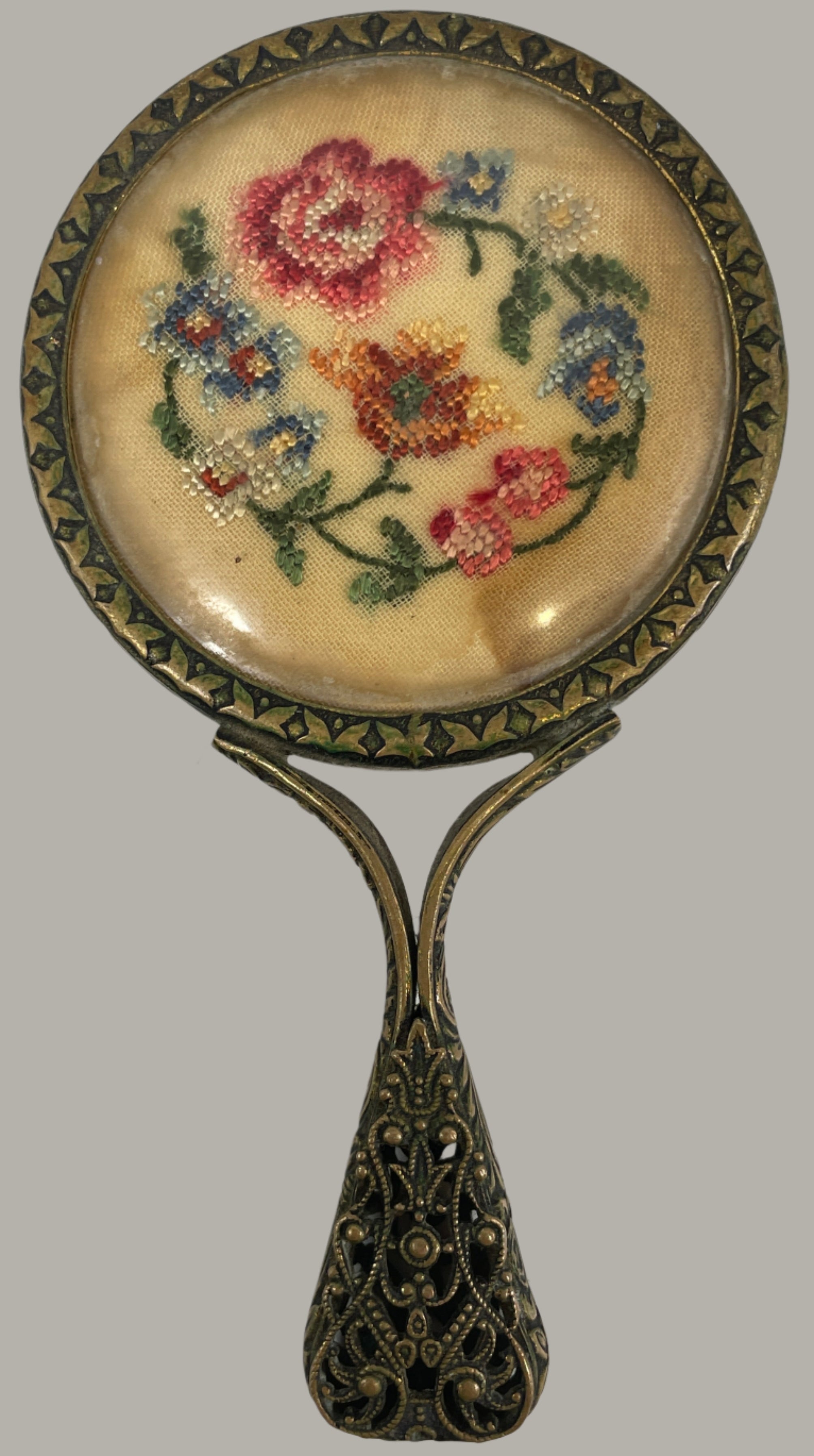 Antique Small Mirror in Brass Decorative Pattern. Embroidery on the Back