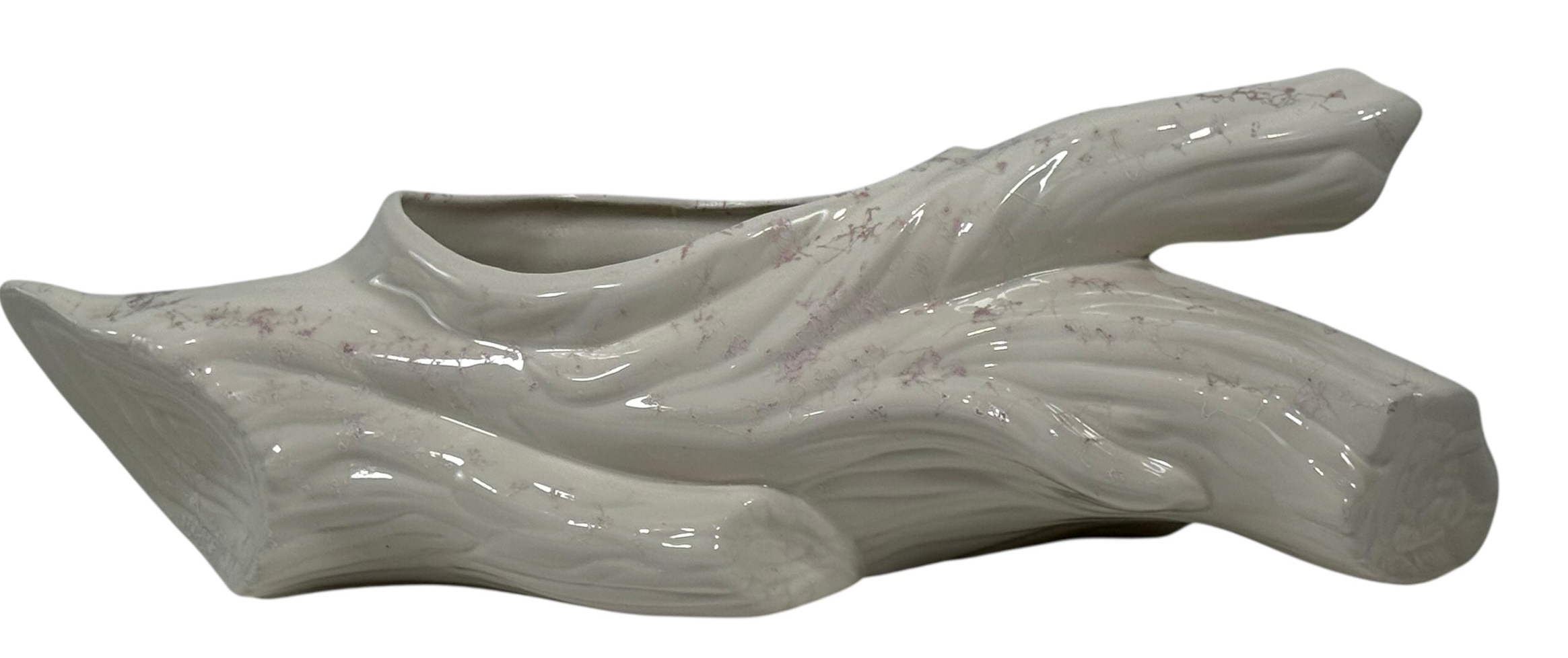 Jardinière vintage en céramique et bois flotté – Forme de bûche abstraite du milieu du siècle – Veines roses