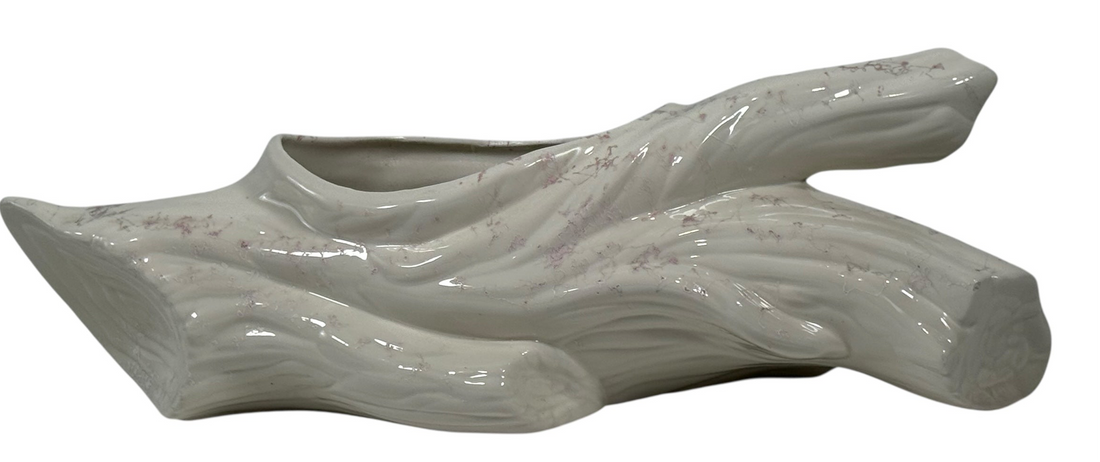 Jardinière vintage en céramique et bois flotté – Forme de bûche abstraite du milieu du siècle – Veines roses