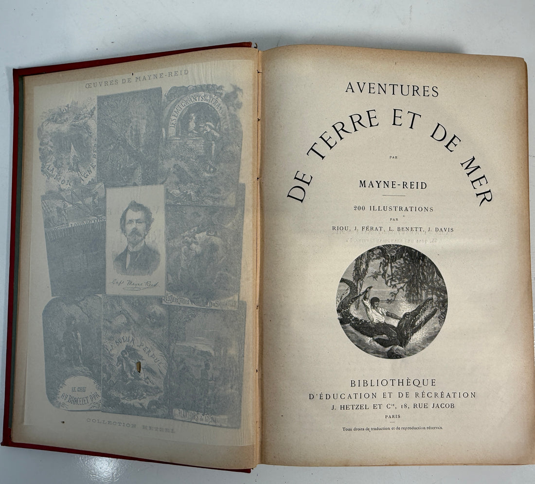 Open book titled 'Aventures de Terre et de Mer' with illustrations on a white background