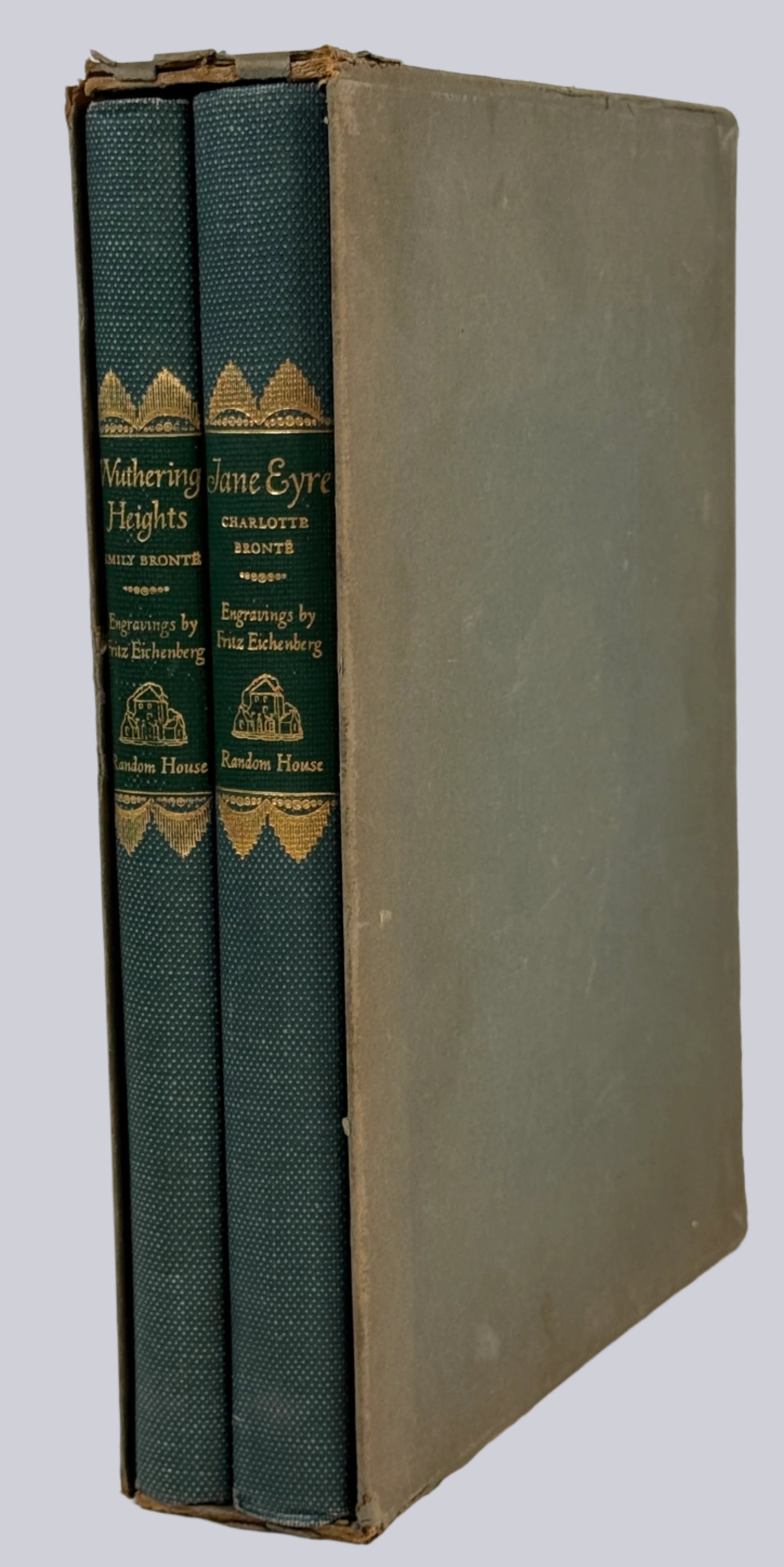 Two vintage books with leather bindings on a white background