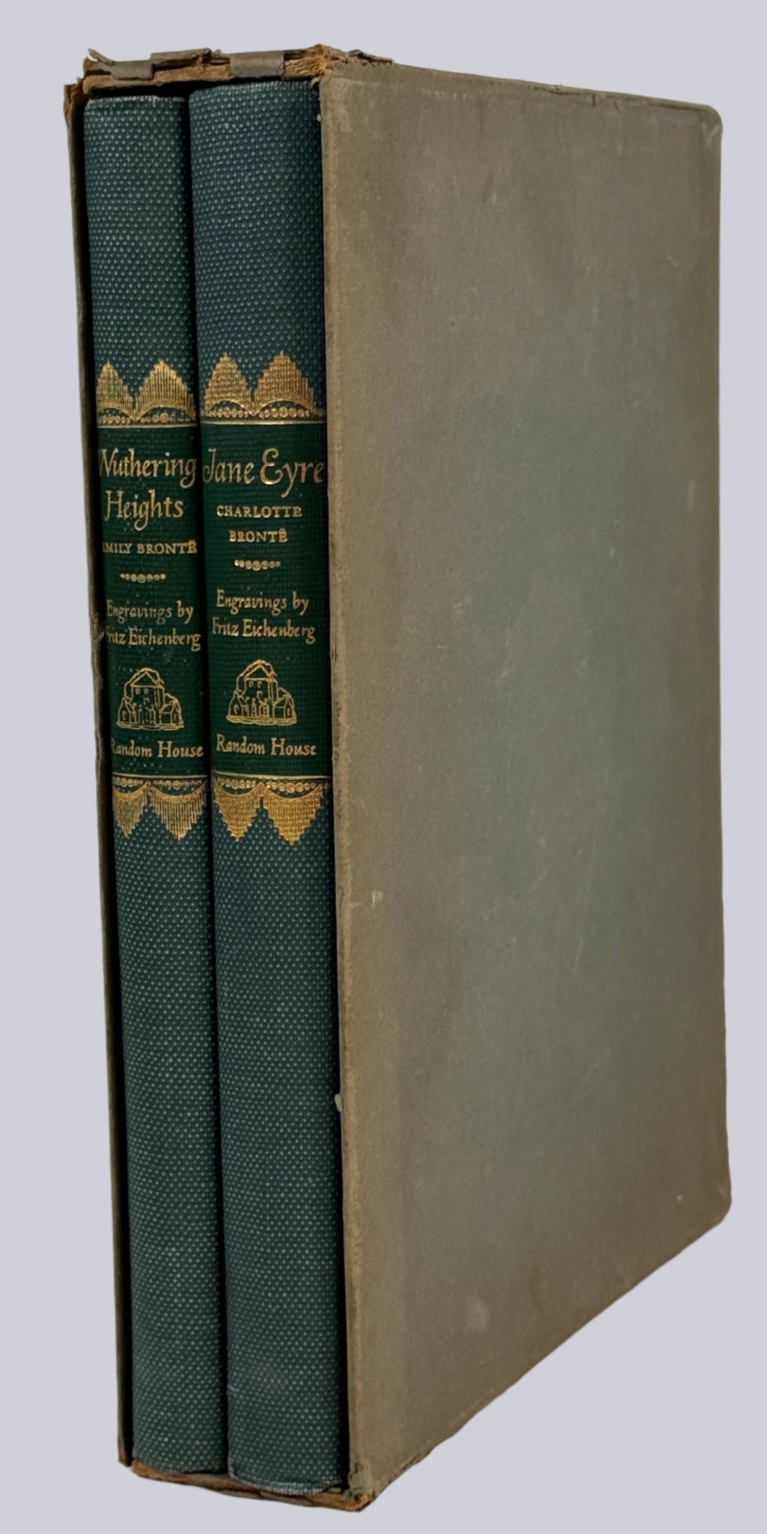 Two vintage books with leather bindings on a white background