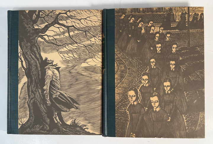 Two book covers with black and white illustrations, one of a tree and the other of people on steps.