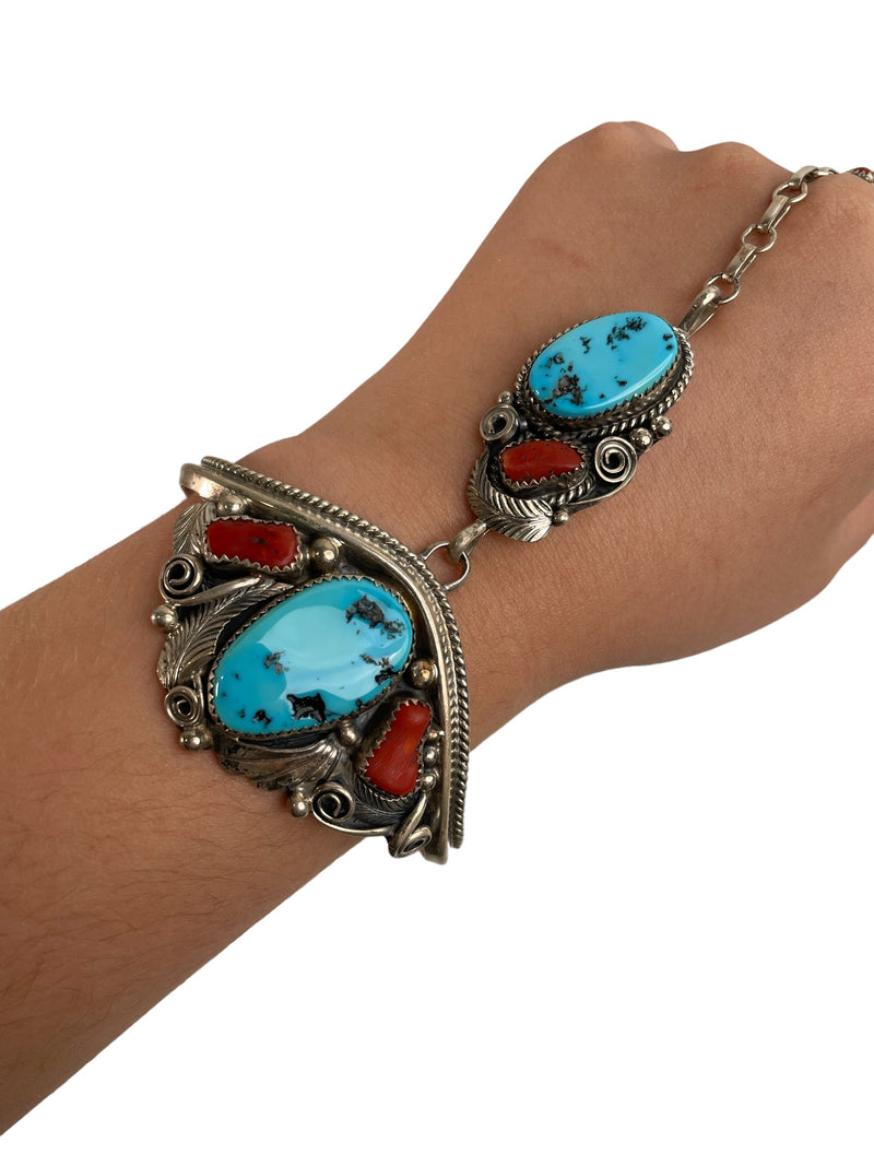 Navajo Bracelet .925 Silver Coral & Blue Turquoise Signed by Justin Morris