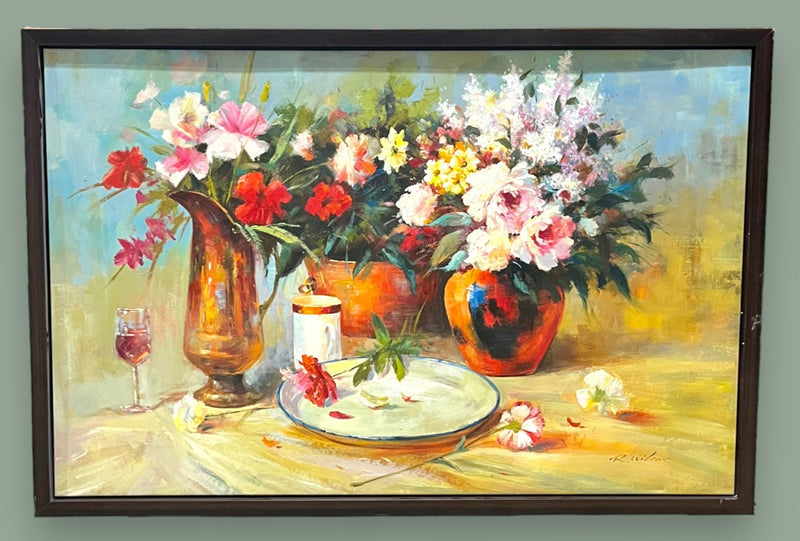 Lovely Huge original work, acrylic on canvas - Still Life, signed R. Wilcox, framed size 50” x 74” inches