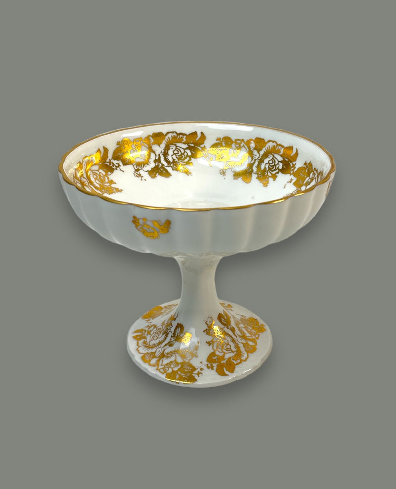 Vintage Gold White Rose Floral Porcelaine De France Pedestal Dish