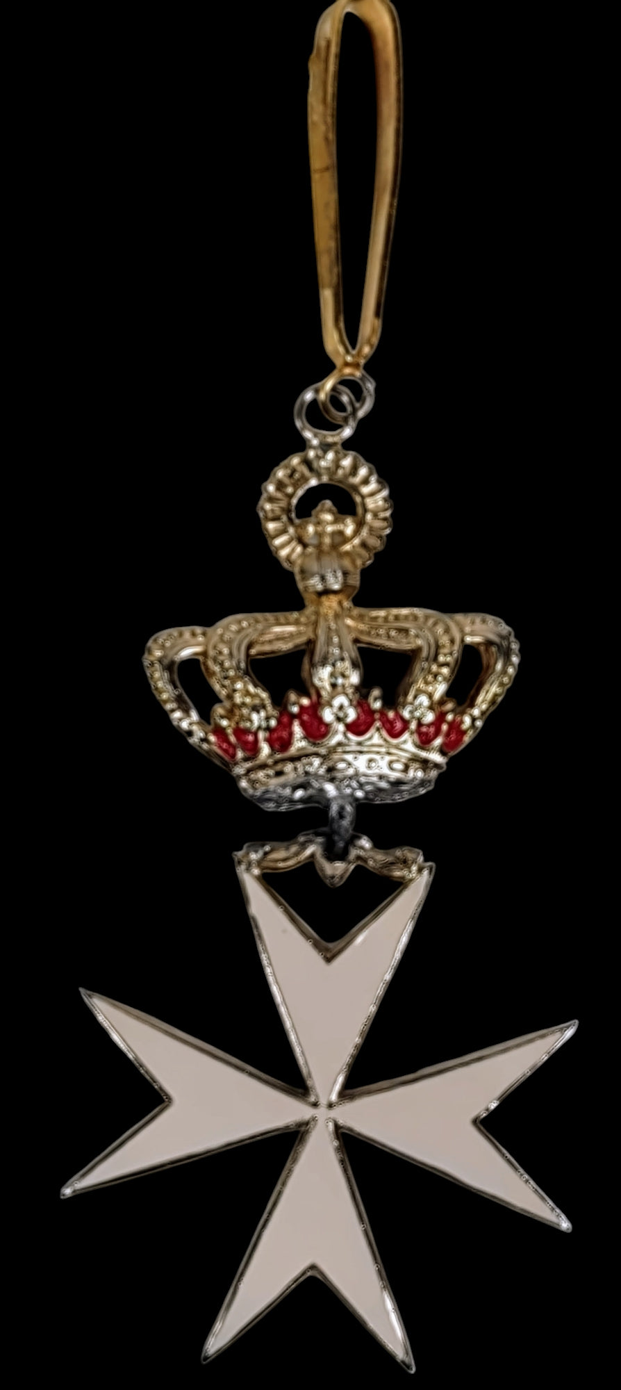 A silver and gold commemorative cross with a crown on top, red details, and a chain for hanging.