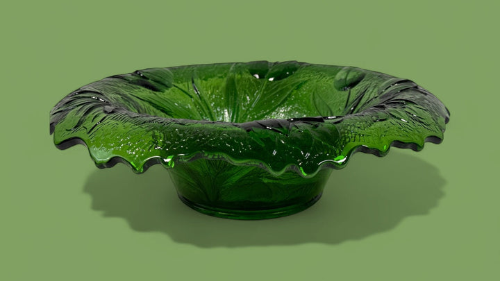 Vintage 1930s Green Depression Glass Bowl – 13″ Ruffled Edge “Tulip” Pattern