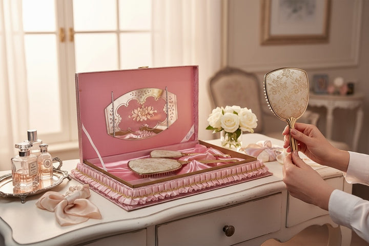 Vintage Claude vanity set with mirror, brush &amp; comb in original pink satin box. Elegant 1950s dressing table décor collectible.