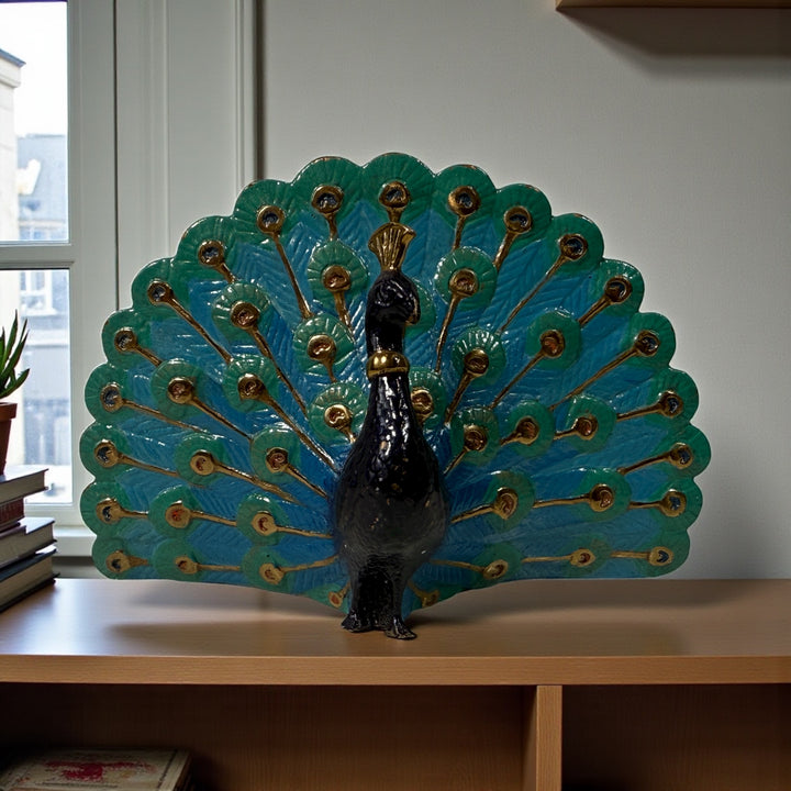 Limited edition hand-painted peacock figurine 173/500 in blue, green &amp; gold enamel. 5″ collectible metal sculpture, made in Japan, excellent condition.
