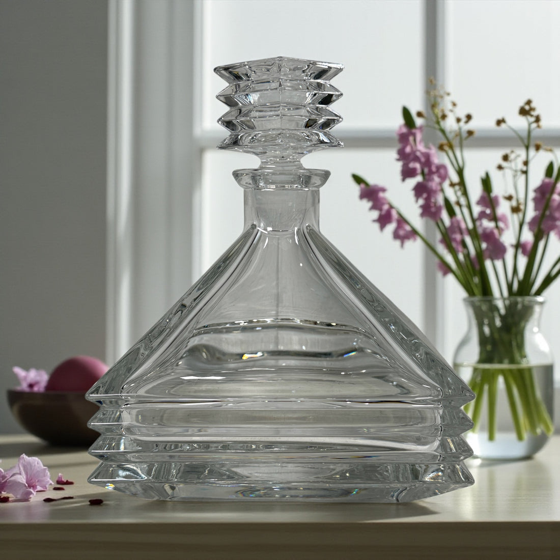 Vintage Mikasa crystal decanter, square pyramid design with stopper, 11¾ in, heavy lead crystal elegance for bar or display.