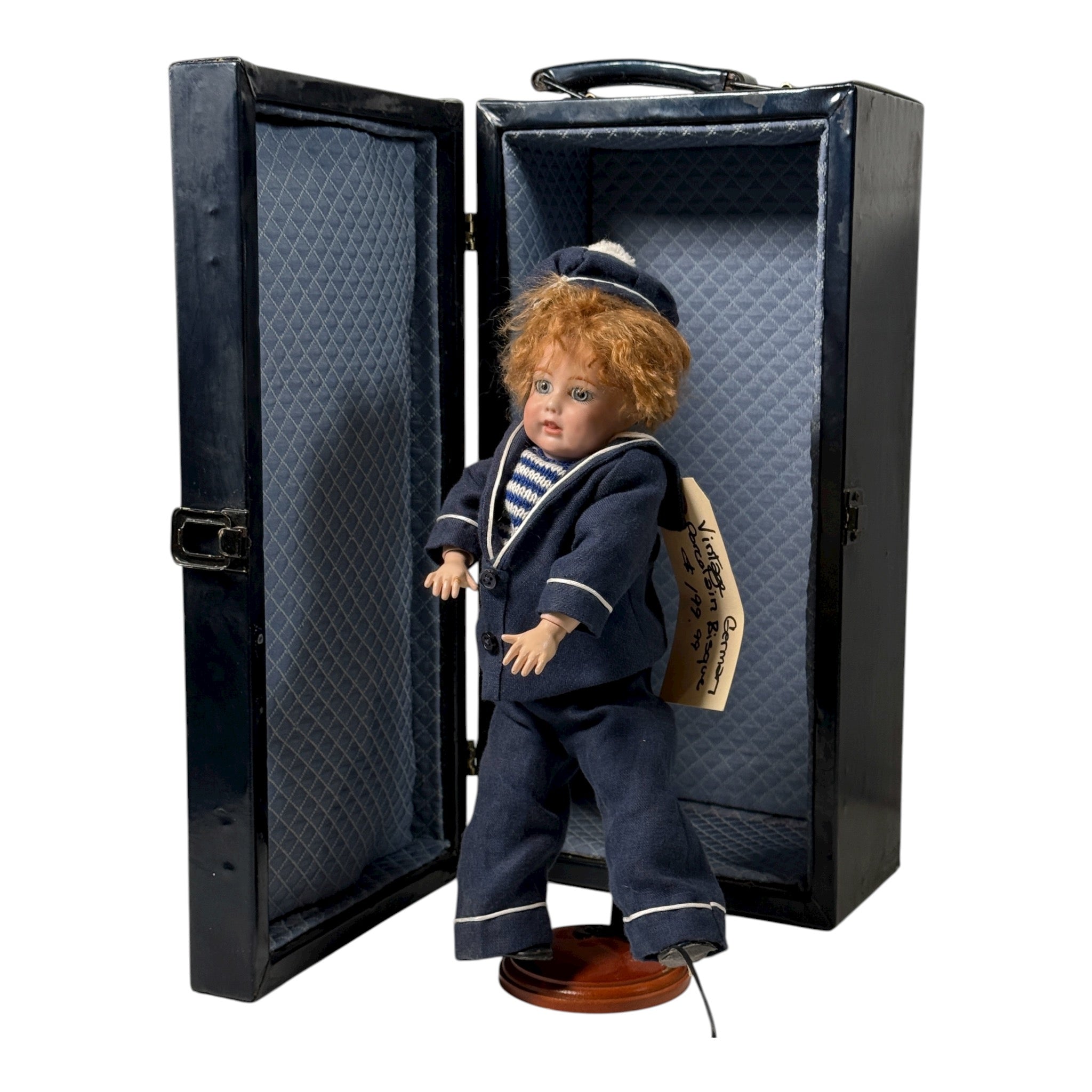 Antique bisque sailor boy doll marked “JLC”, 12″ tall, hand-knit outfit. Early 20th-century European collectible in very good condition – Eco Depot Montreal.