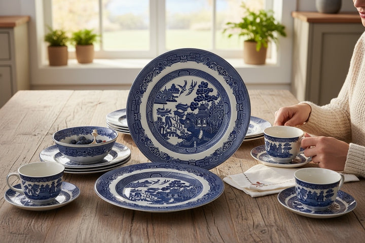 Vintage Johnson Brothers Blue Willow set for 4 – English blue transferware dinnerware, classic pattern, excellent condition, made in England.