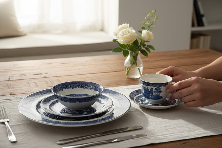 Vintage Johnson Brothers Blue Willow set for 4 – English blue transferware dinnerware, classic pattern, excellent condition, made in England.
