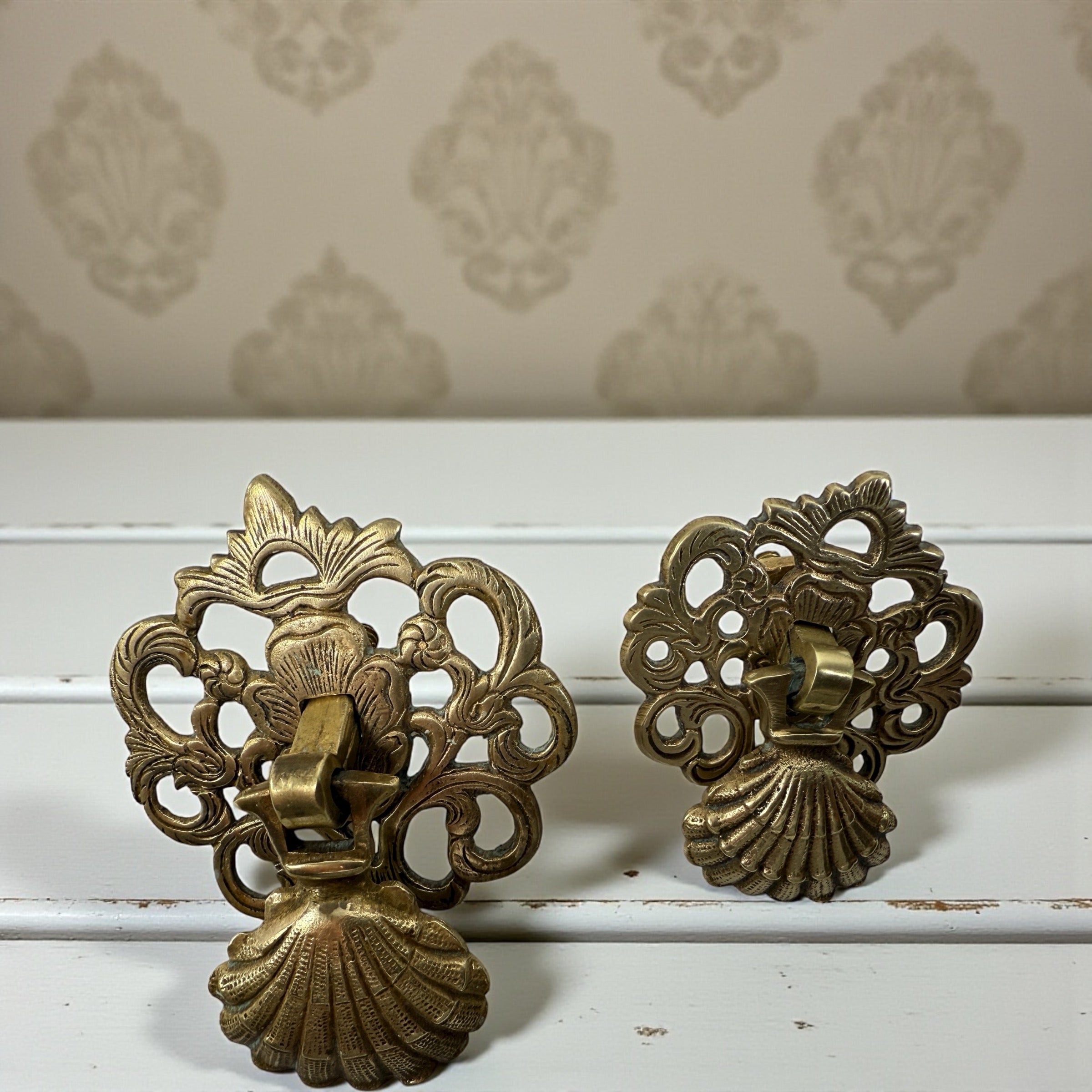 Vintage brass Chippendale drawer pulls set of 14, ornate shell drop handles for dresser or vanity restoration. Solid brass aged patina furniture hardware.