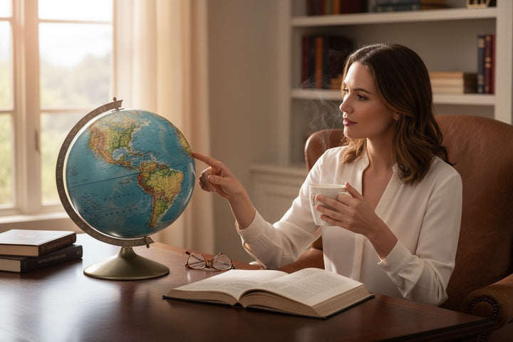 Vintage 1990 Rand McNally raised relief world globe showing USSR and unified Germany — Cold War era map with textured terrain and metal stand, Made in USA.