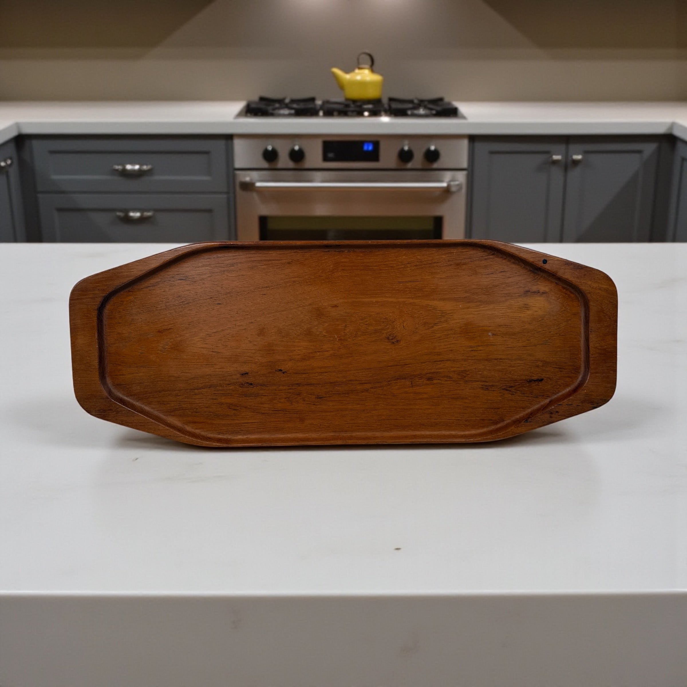 Mid-century Digsmed Danish teak serving tray, 22.5”, marked Denmark. Classic Scandinavian modern design for charcuterie or bar service.