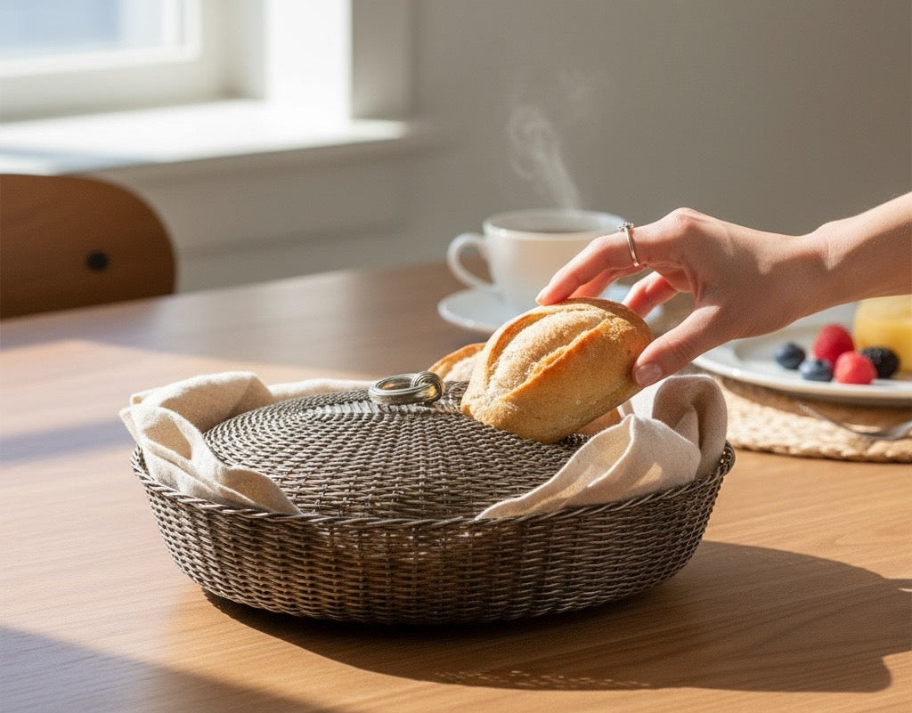 Vintage Israeli silver-plated woven bread basket with domed lid. Elegant mid-century Judaica serveware, ideal for bread or display.