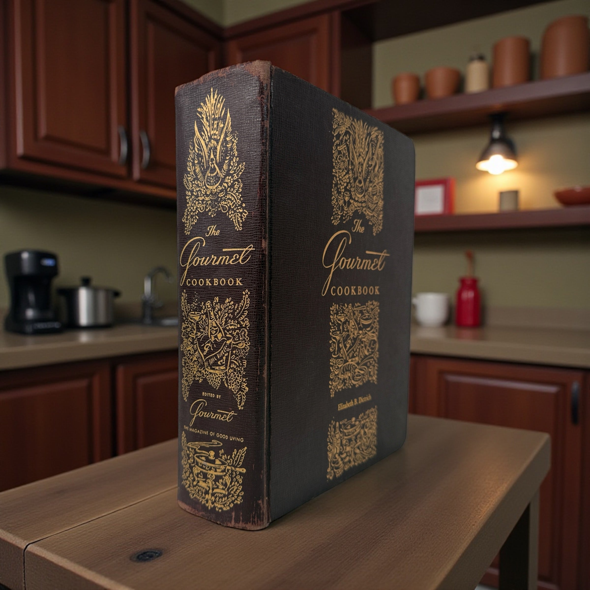 Vintage 1950 Gourmet Cookbook by Elizabeth B. Dietrich. Early edition from Gourmet Magazine with gilt cover and color plates. Classic mid-century collectible.