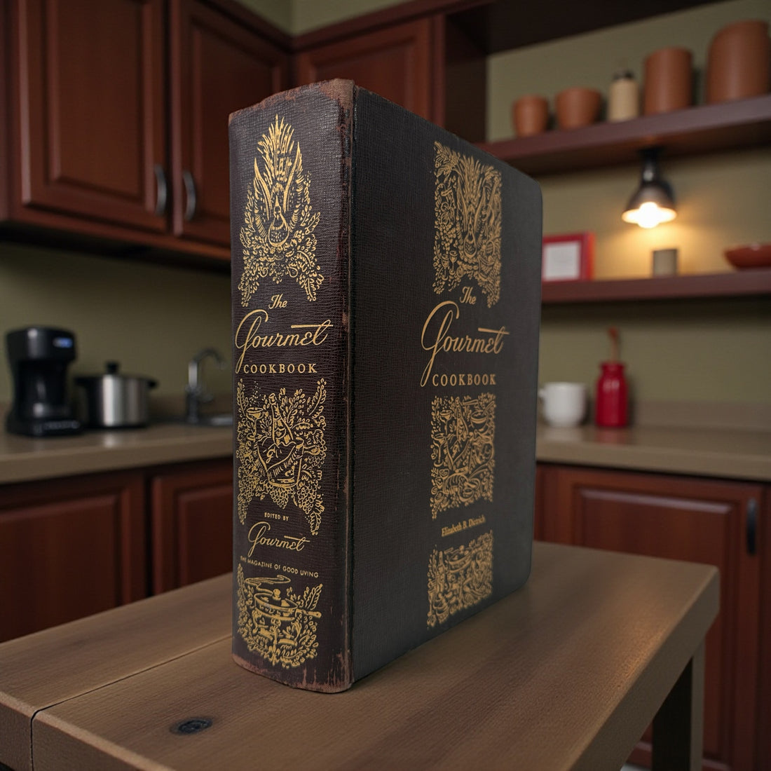 Vintage 1950 Gourmet Cookbook by Elizabeth B. Dietrich. Early edition from Gourmet Magazine with gilt cover and color plates. Classic mid-century collectible.