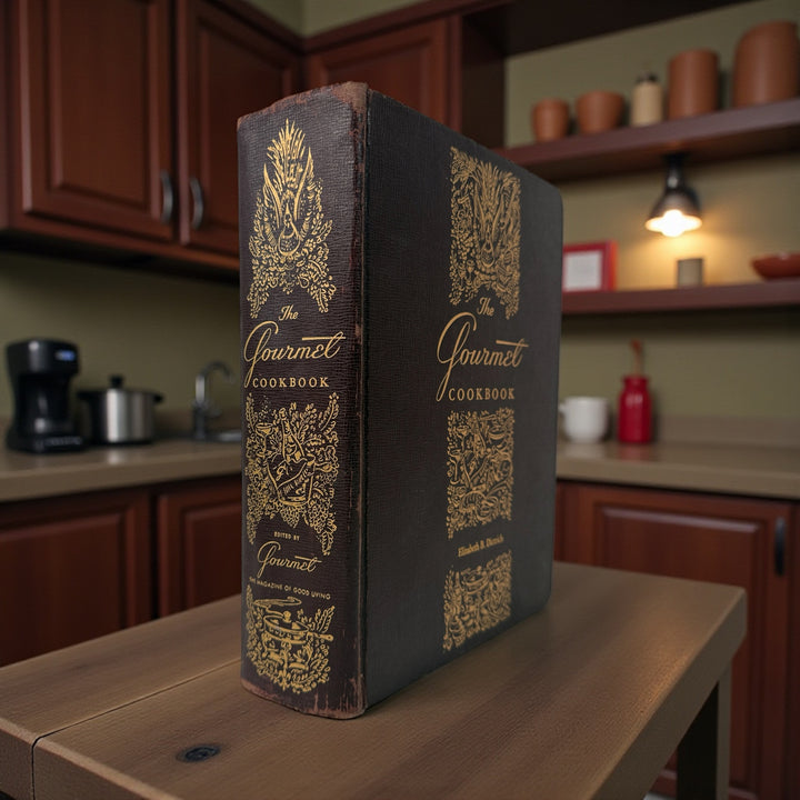 Vintage 1950 Gourmet Cookbook by Elizabeth B. Dietrich. Early edition from Gourmet Magazine with gilt cover and color plates. Classic mid-century collectible.