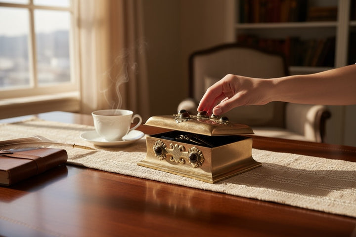 Vintage brass trinket box with agate cabochons and ornate domed lid. Purple lined interior, mid-century style décor piece for jewelry or keepsakes. Unique vintage find.