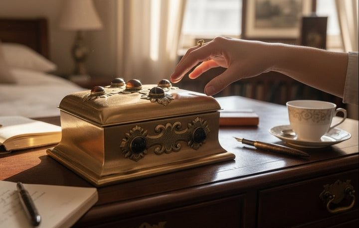 Vintage brass trinket box with agate cabochons and ornate domed lid. Purple lined interior, mid-century style décor piece for jewelry or keepsakes. Unique vintage find.
