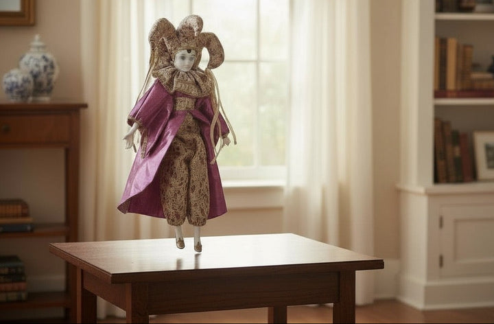 Vintage 18″ porcelain jester doll with mint satin and brocade costume. Elegant décor piece with porcelain head, hands, and feet.