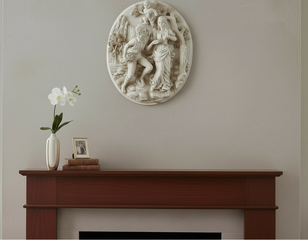 Vintage 13.5” high-relief resin wall plaque with romantic couple and cherub, faux-alabaster finish, detailed mid-century décor. Great statement wall art.