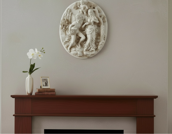 Vintage 13.5” high-relief resin wall plaque with romantic couple and cherub, faux-alabaster finish, detailed mid-century décor. Great statement wall art.