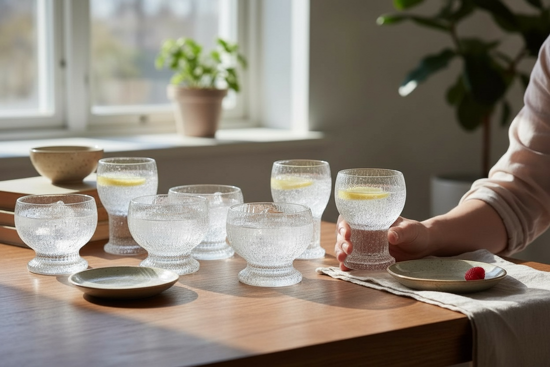 Vintage Iittala Ultima Thule footed glasses set of 8. Finnish design by Tapio Wirkkala. Iconic ice-melt texture. Excellent condition. Fast shipping from Canada.