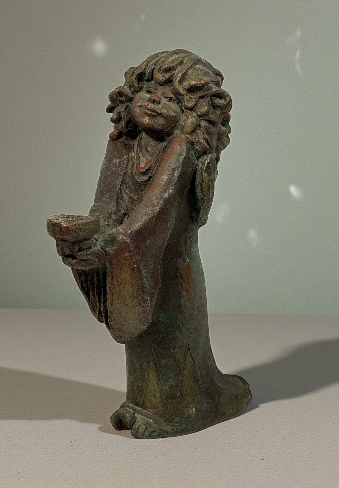 Mid-century ACHATIT Handarbeit 1780B German composite figurine with green patina. Labeled, detailed, collectible sculpture ideal for vintage decor collectors.